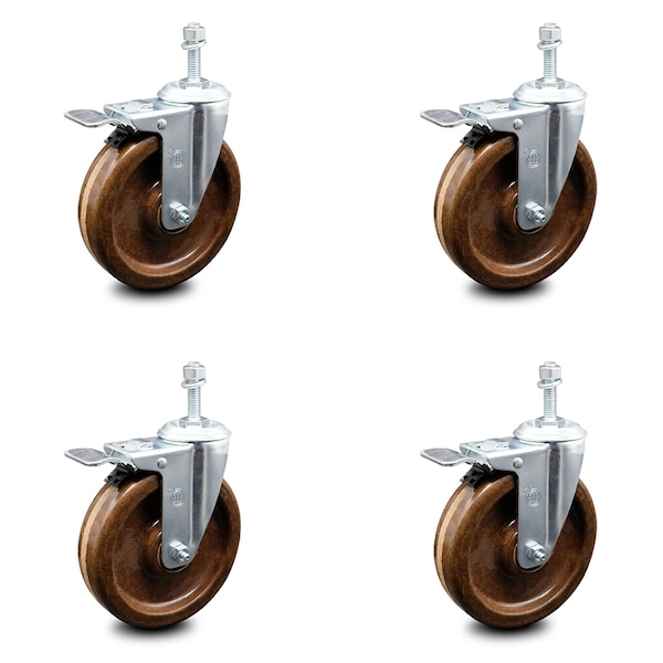 6 Inch High Temp Phenolic Swivel 12mm Stem Caster Set with Total Lock Brake